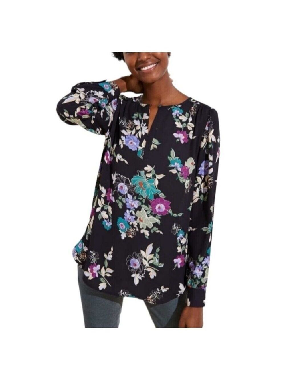 Ann Taylor LOFT Floral Keyhole Tunic Blouse Top Size Small Multicolor Black